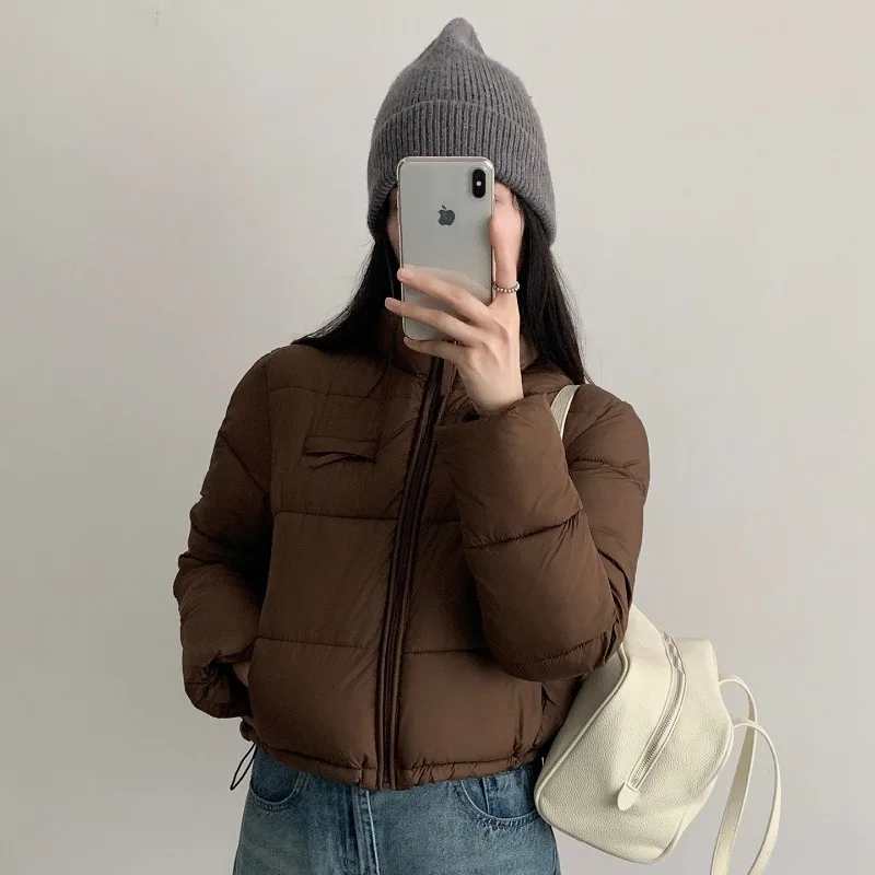Autumn Winter Women Jackets Solid Stand Collar Loose Puffer Quilted Padded Windproof Warm Pockets Sporty Casual Short Outerwear