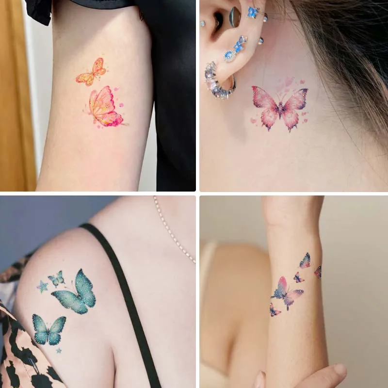 6 pezzi di tatuaggio temporaneo impermeabile con farfalla sognante sfumata glitterata, tatuaggio finto realistico impermeabile a lunga durata