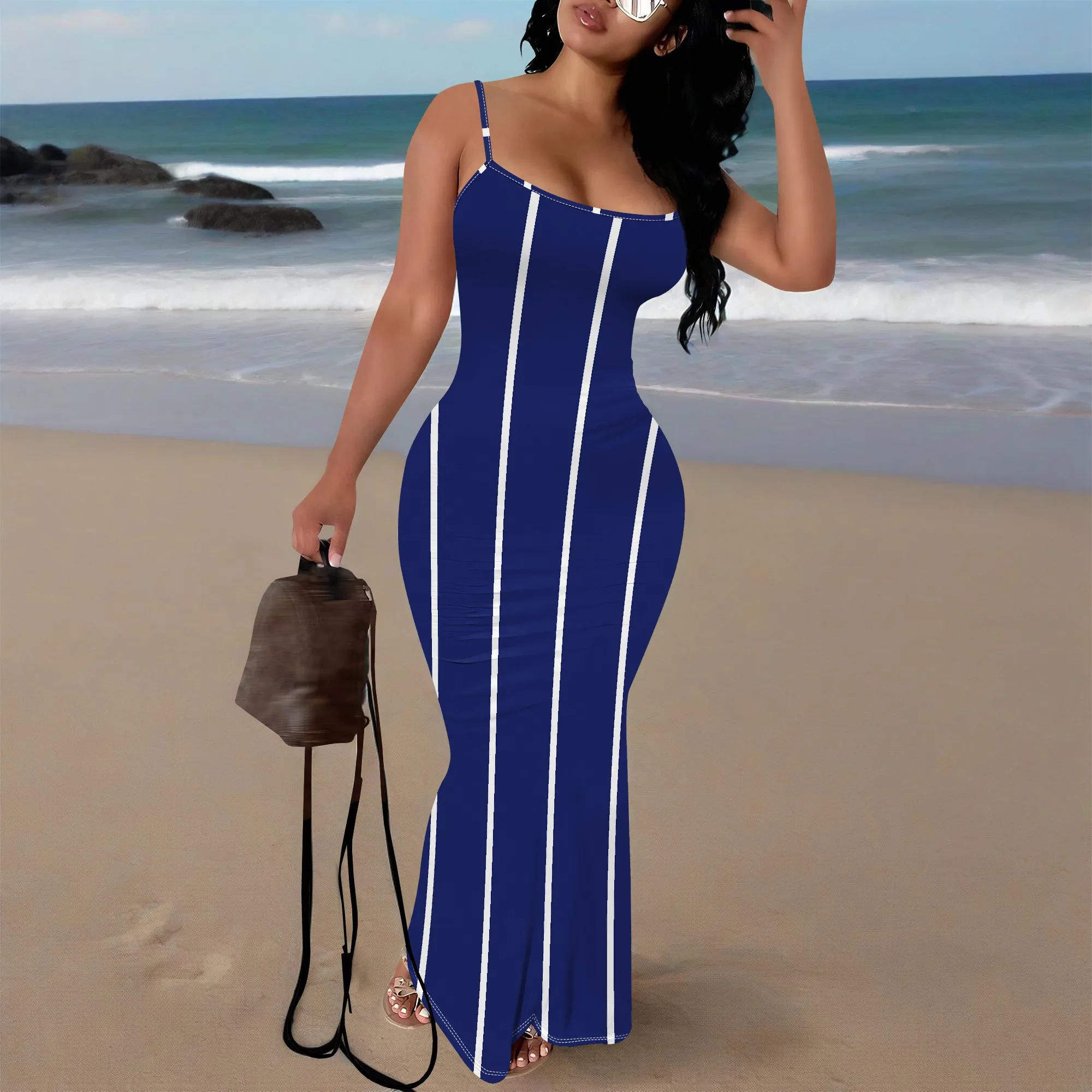 

Women's Bodycon Maxi Dress, Striped Spaghetti Strap Long Dress for Party & Club Wear XS-3XL