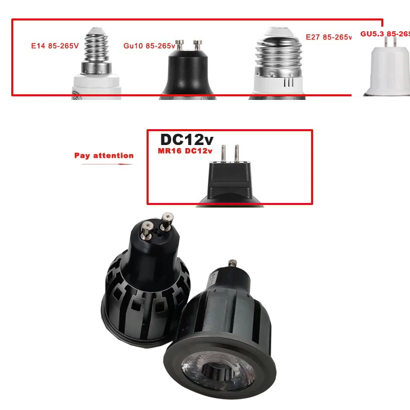 Bombilla LED regulable GU10/GU5.3/E27/E14/MR16 COB 3W 5W 85-265V DC12V, foco de luz Led de aluminio