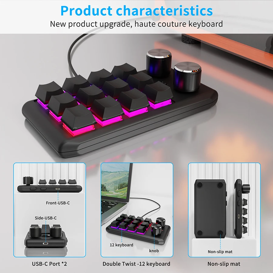 ماكرو برمجة لوحة المفاتيح الميكانيكية 12 مفاتيح 2 مقبض بلوتوث 2.4G 3-وضع Hotswapping Macropad لوحة المفاتيح للألعاب PS مخصص