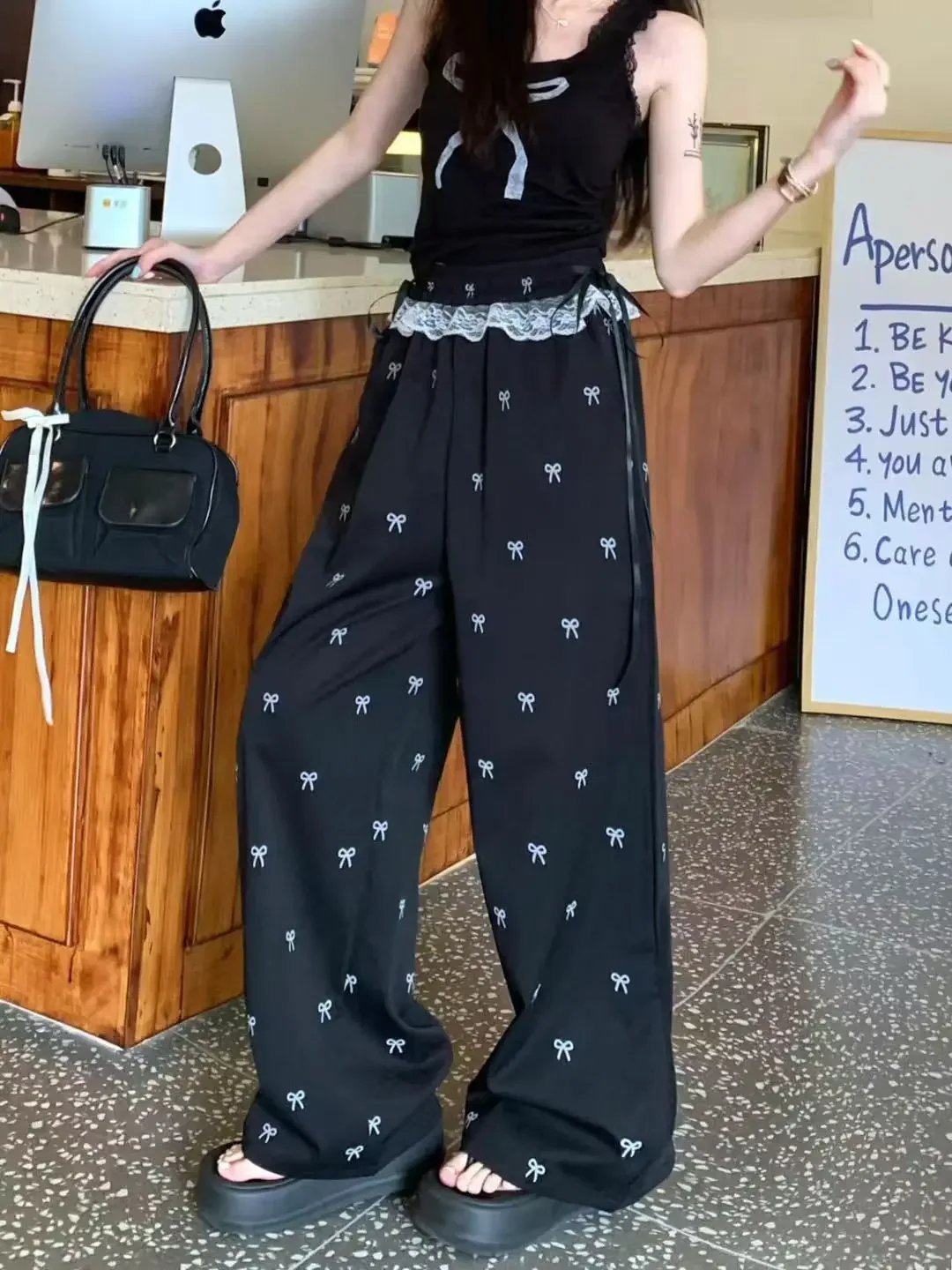 College Chic Cute Bow Knot Full Printed Pants White Lace Patchwork Sweet Ladies Casual Trousers Summer Loose Straight Long Pants