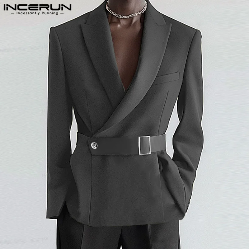 Handsome Men Tops INCERUN Deconstructive Metal Buckle Suit Coat Casual Streetwear Male Solid All-match Long Sleeved Blazer 2025