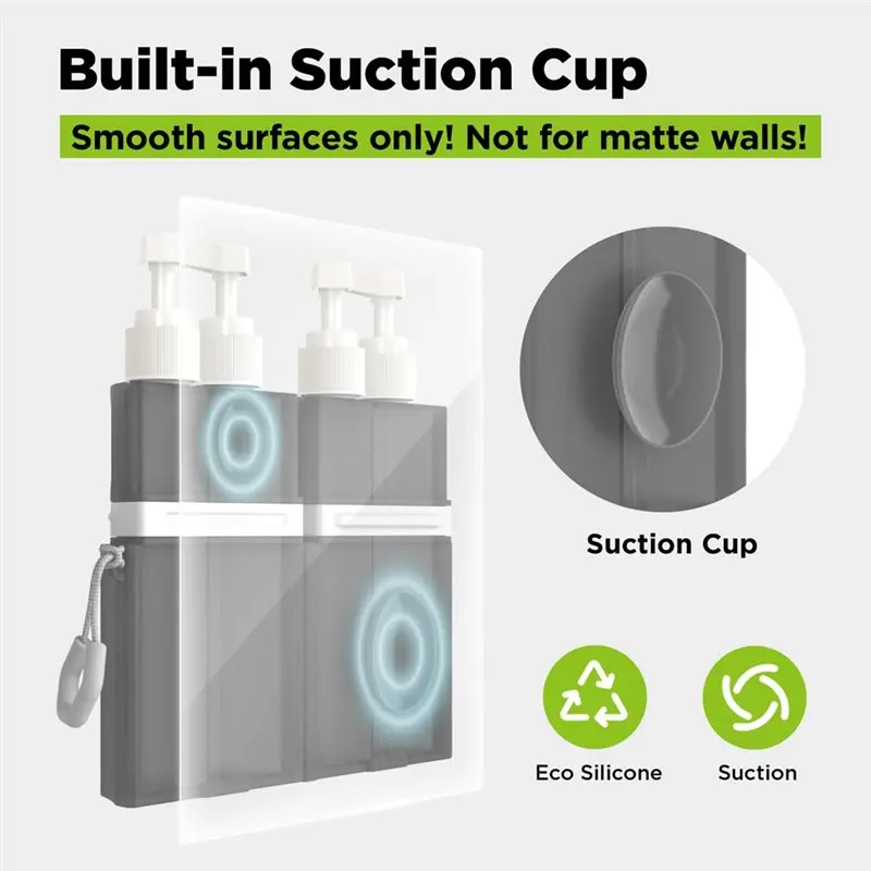 ABUN Travel Bottles Set, 4in1 Leak Proof Travel Size Containers for Toiletries, Vacuum Silicone Suction Cups for Smooth Wall,