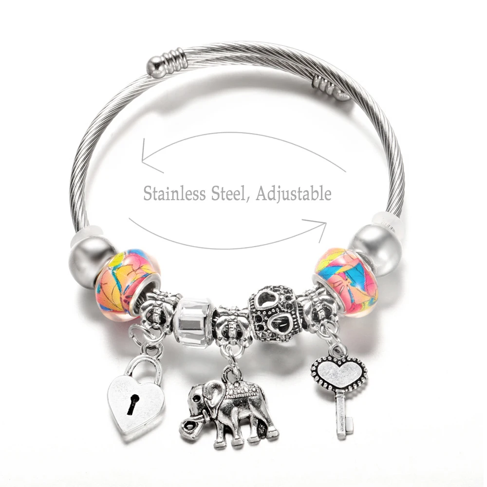 New Heart Shaped Love Lock Stainless Steel Elephant Beaded Pendant Bracelet 6 Colors Closure Bangles Bracelet Women Jewelry Gift
