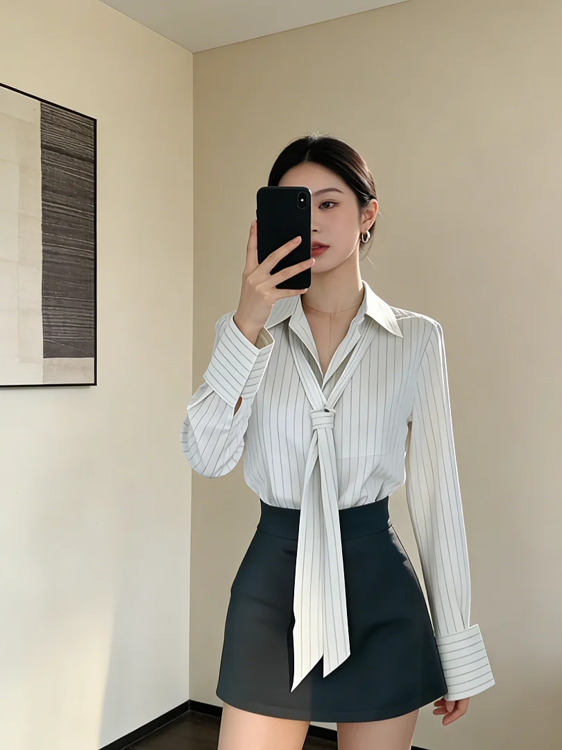 

Уникальный полосатый комплект из рубашки и юбки для женщин, скрывающий недостатки фигуры, больших размеров, цельный комплект, для повседневной носки, с высокой талией