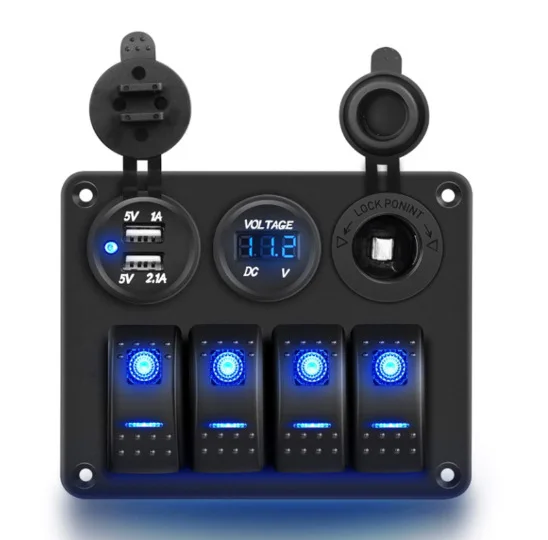 4+3 IP65 Blue Boat Type Switch Panel Car Charging+Voltmeter+Cigarette Lighter Socket Combination Panel