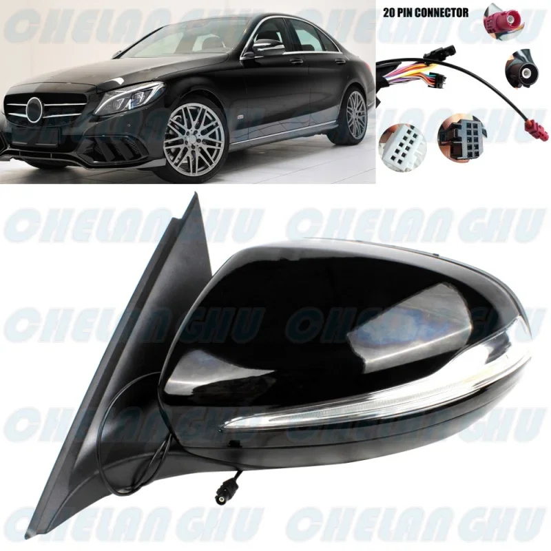 For Benz W205 C180 C200 C300 C250 2014 2015 2016 2017 2018 Left Side 20 Pins Black Painted Puddle Lamp Auto Fold Mirror Assembly