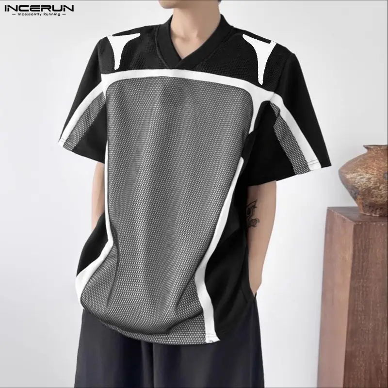 

INCERUN Мужская футболка в стиле пэчворк с v-образным вырезом и коротким рукавом, повседневные мужские футболки, уличная одежда, свободная модная мужская одежда с цветными блоками, S-5XL