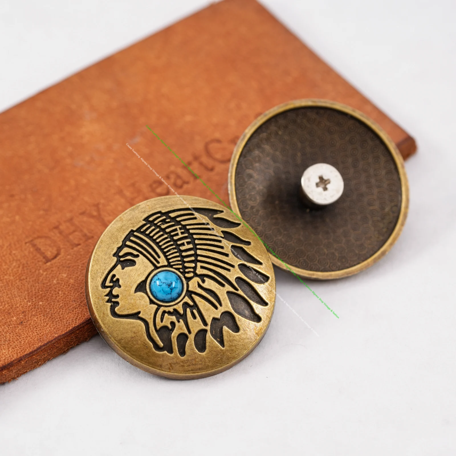 10pcs Retro Brass Turquoise southeast Southwest Indian Head Dress Leathercraft Belt Conchos For leather Handbag Screw Back