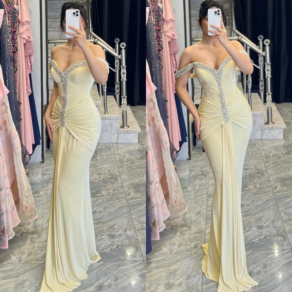 

Customized Elegant Yellow Chiffon Evening Dress Classic Boat Neck Off the Shoulder Party Dress Soft Mermaid Crystal Prom Dresses