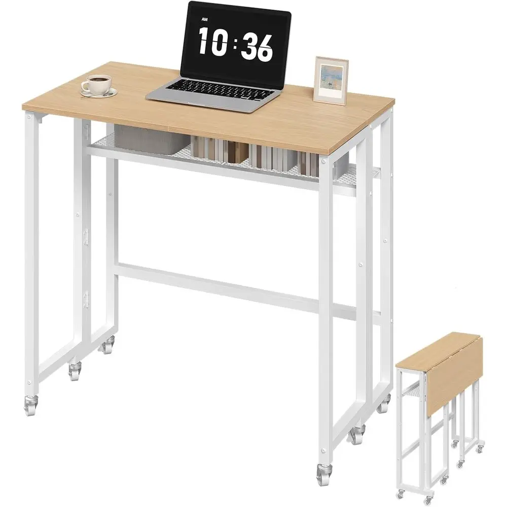 

25.2 Mobile Rolling Desk with Storage Shelf, Suitable for Small Spaces, Living Room, Bedroom, Office, White and Natural