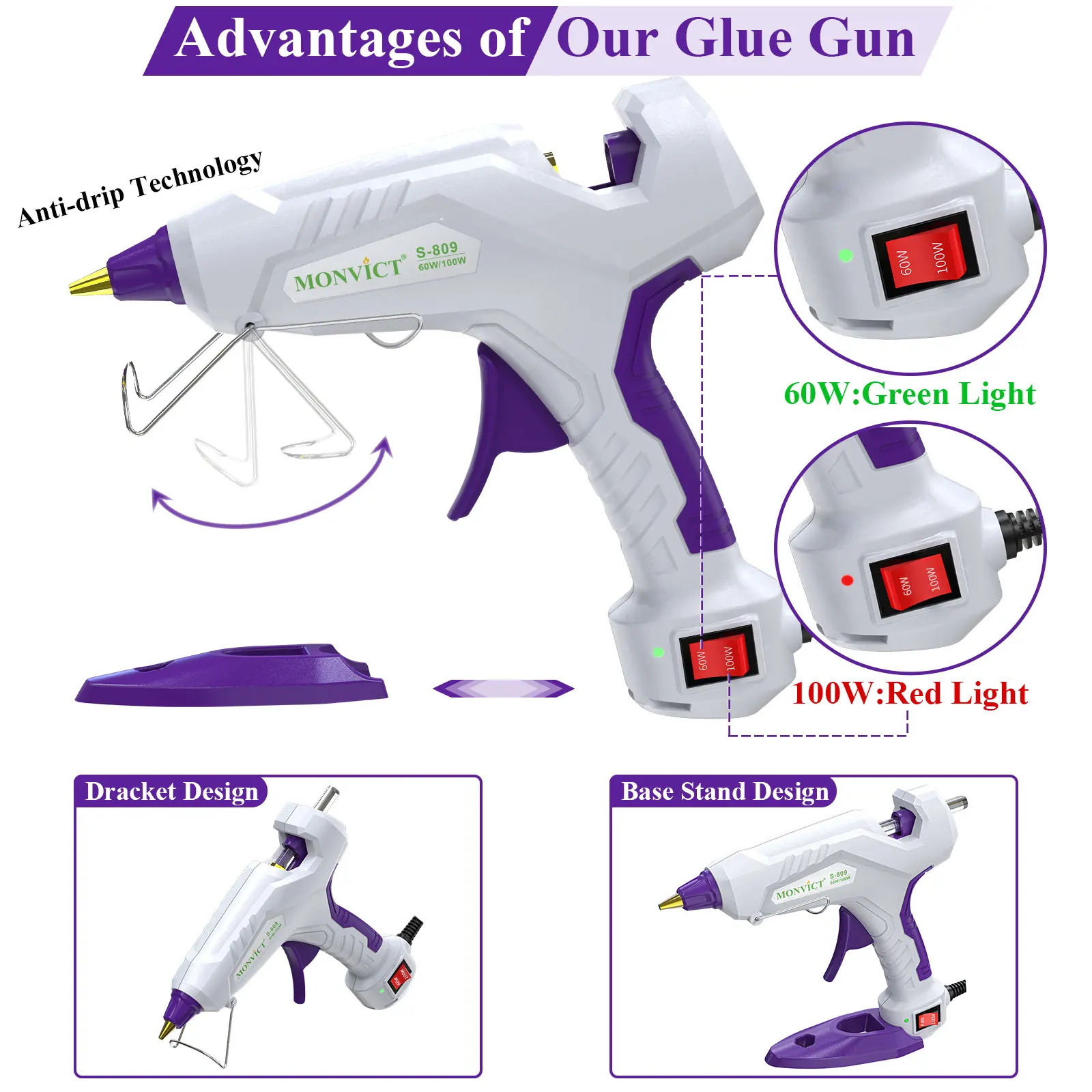 60/100W Full Size Hot Glue Gun (US) with 15Pcs Glue Sticks 11*150mm, 3 Finger Protectors Base Stand Heavy Duty Glue Gun for Home