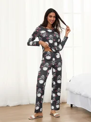 Women Halloween Pajamas Set Gothic Skull Print Long Sleeve O Neck Tops Pants Set Female Loungewear