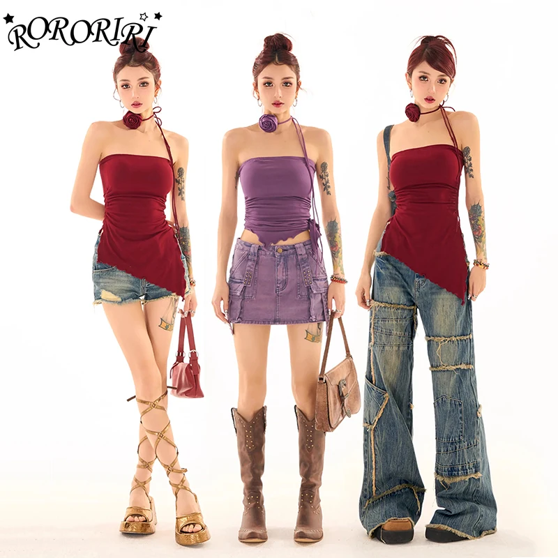 

RORORIRI Asymmetric Slit Tube Top Women Rose Neck Tie Frill Trim Strapless Padded Corset Sleeveless Vest Vintage Y2k Streetwear