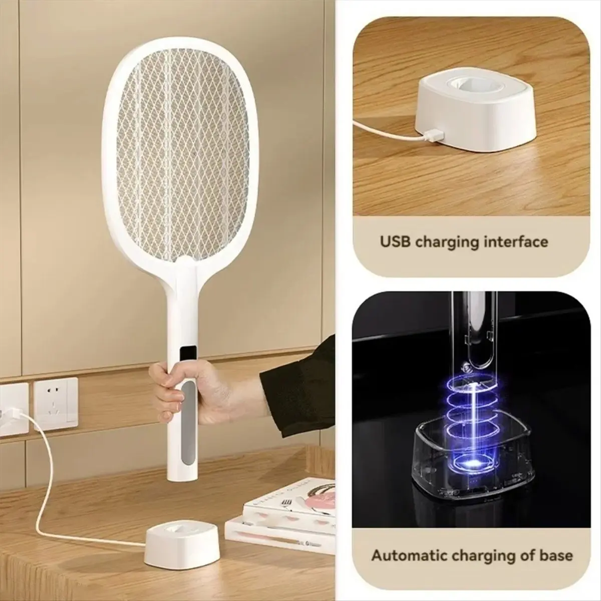 プロモーション！type-c充電式電動ハエたたき、取り外し可能なハンドヘルドタイプ、自動タッピングモード、屋内および屋外で使用可能