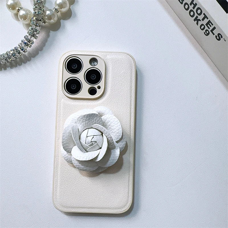 Luxury fashion stereoscopic camellia PU leather Case for iPhone 16 15 14 Phone Cover 13 12 11 Pro MAX Hard Shockproof Back Funda