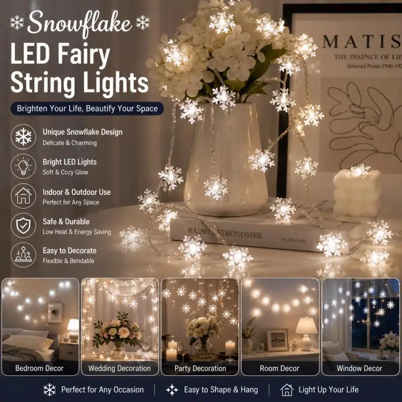 Battery Operated Snowflake Fairy String Lights Warm White LED Garland for Indoor Christmas Holiday Wedding Party Decoration