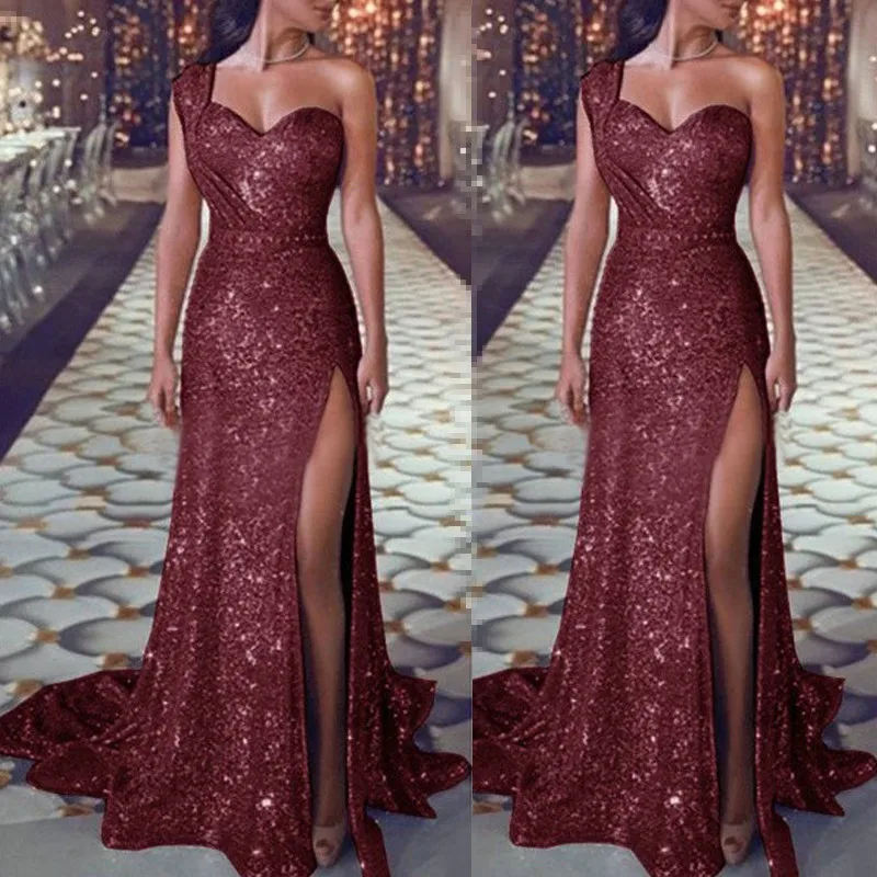 Wedding Party Dress Female Evening Elegant Sexy Deep V Neck One Shoulder Sleeveless Sequined Long Maxi Dresses For Women 2023