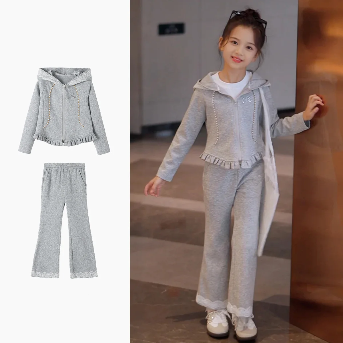

Autumn Baby Girls Sport Sets Solid Long Sleeves Kids Girls Sets Drawstring Hooded Coat+Elastic Waist Bootcut Pant 2pcs Girls Set