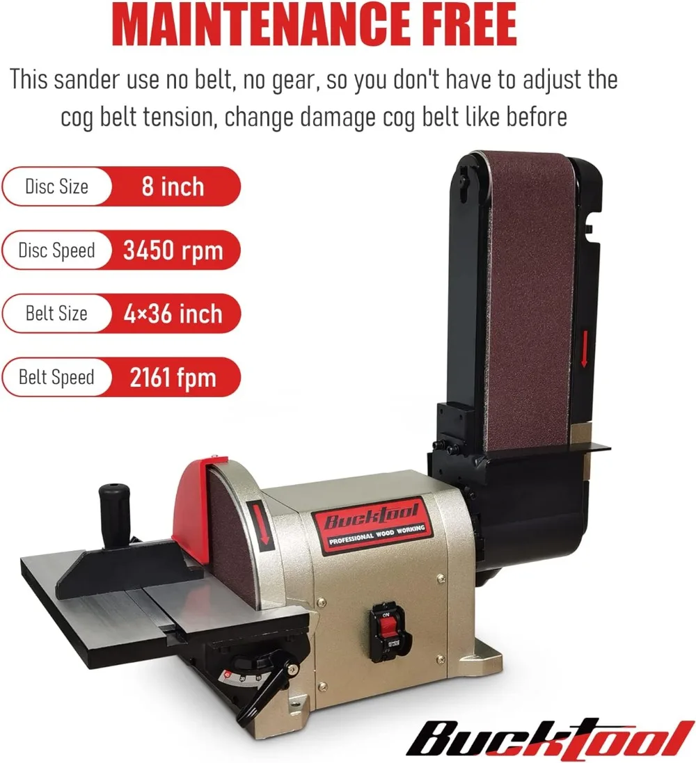 BUCKTOOL , 4x36 in Belt and 8 in Disc Sander, 3/4HP Belt Sander for Woodworking, 5.0A Benchtop Belt Sander