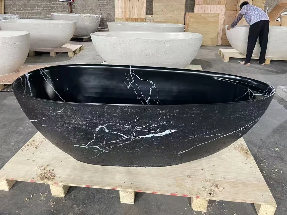 #￥Solid Surface Freestanding Bathtub Artificial Stone Bathtub Stone Resin Soaking Tub Black Bathroom Tub Custom OEM Manufacturer
