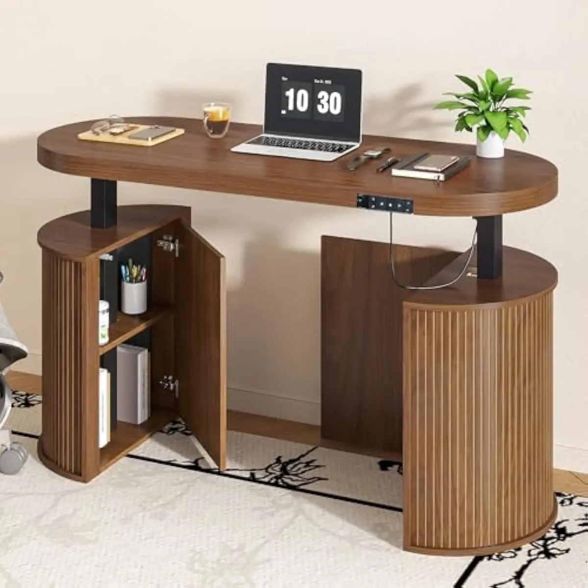 Electric Standing Desk Mid-Century Modern Style Walnut Finish Resin Top Iron Base Adjustable Height 28.35 to 46 Inches Motorized