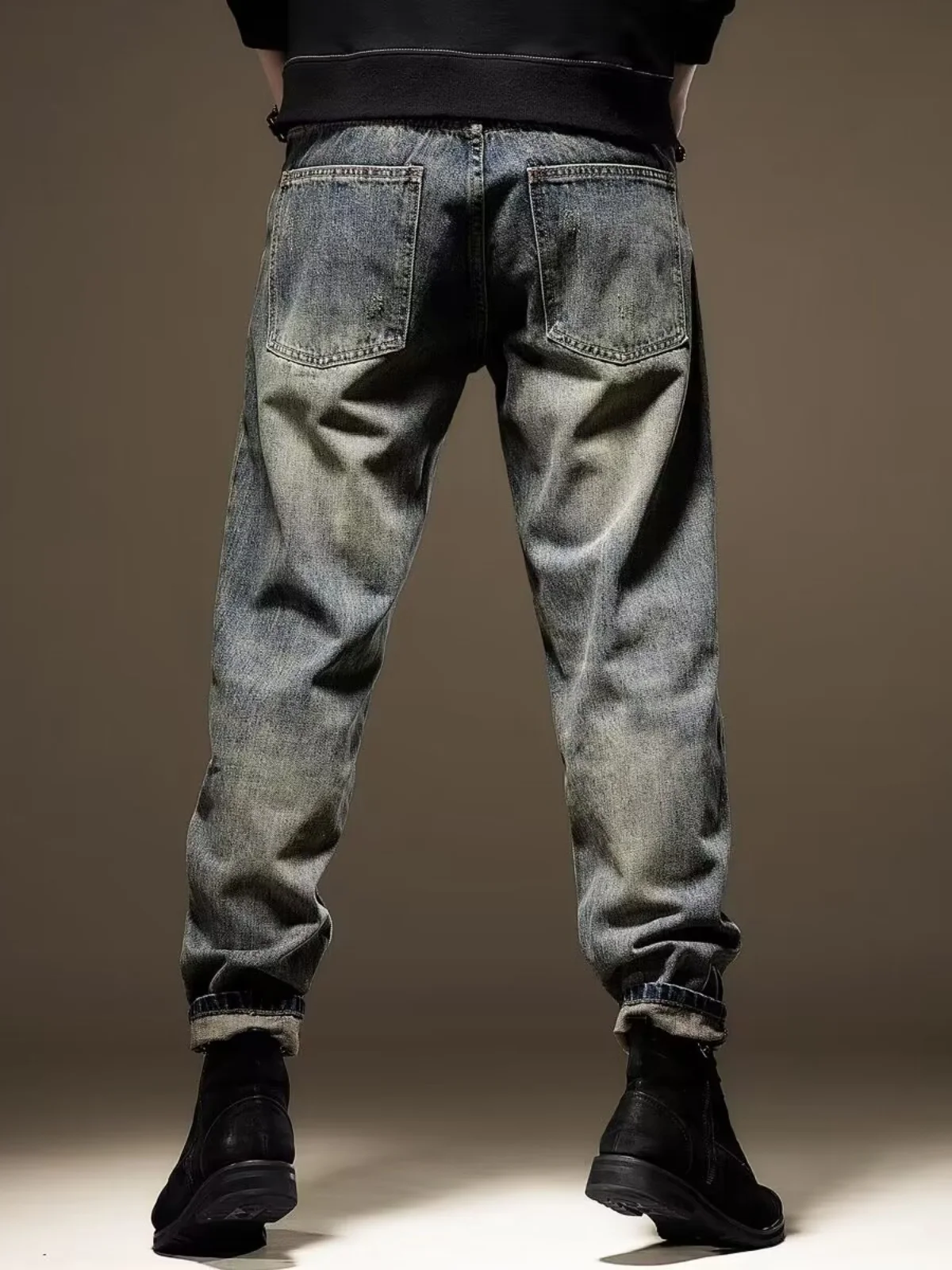 Retro American Denim Jeans Men Loose Straight Leg Slim Fit High Street Trendy Hole Punching Pants Spring Autumn Casual Wear