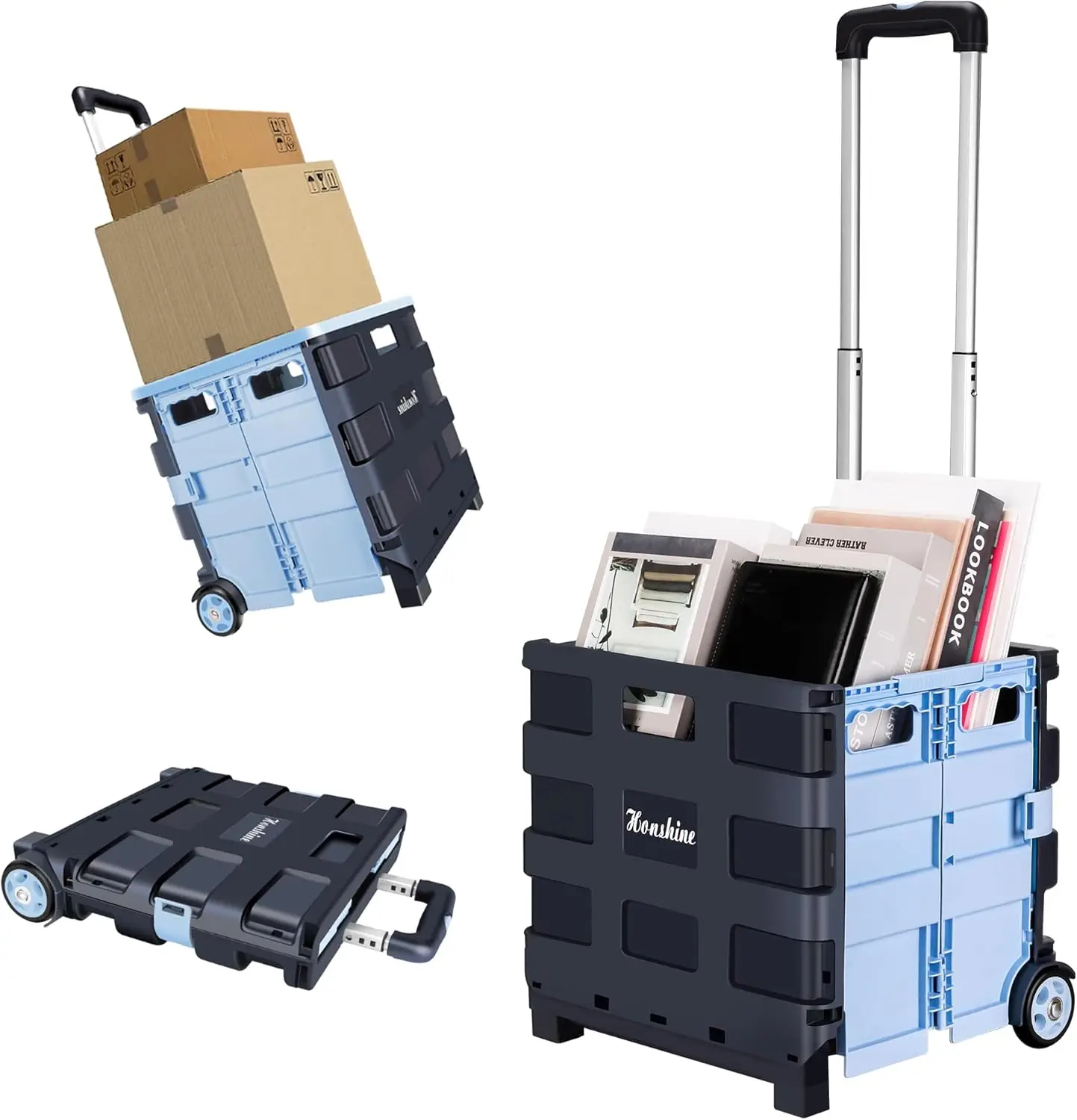 

Foldable Rolling Cart with Quiet Wheels: Portable Shopping & Laundry Utility Wagon in Blue