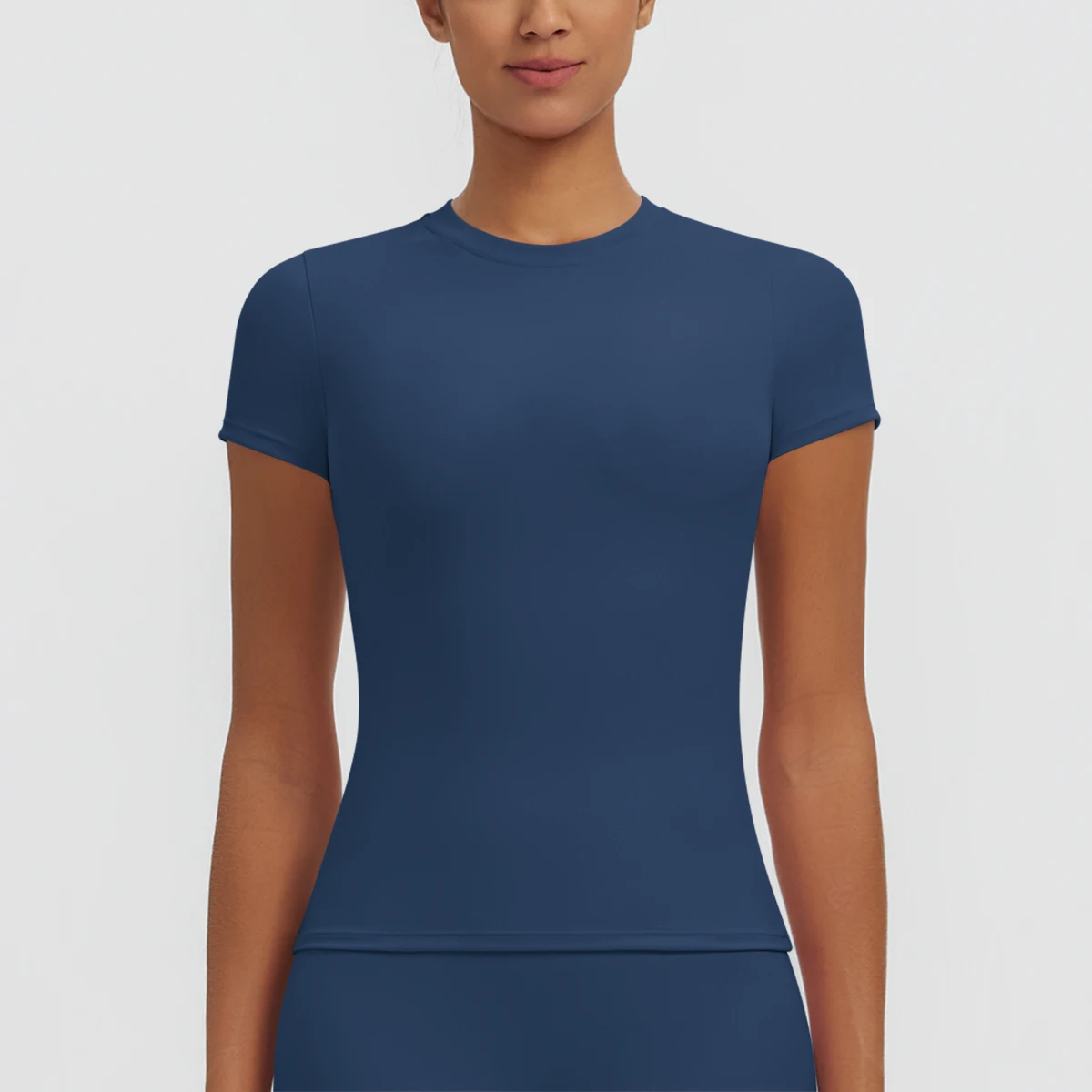 Hochelastisches, schnelltrocknendes, einfarbiges Yoga-Kurzarm-T-Shirt für Damen, Workout-Oberteil, schmal geschnittenes, lässiges Sport-, Lauf-, Fitness- und Yoga-T-Shirt. – Detail 9