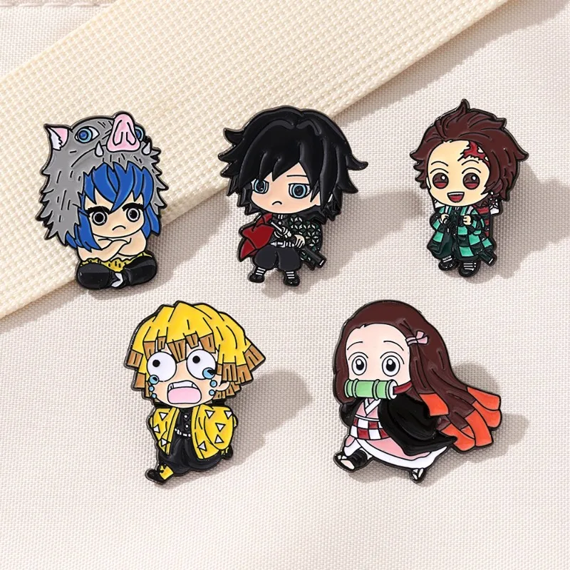 5Pcs/set Demon Slayer Chibi Enamel Pin Custom Brooch Tanjirou Nezuko Zenitsu Inosuke Giyuu Lapel Badge Cartoon Birthday Gift view 3
