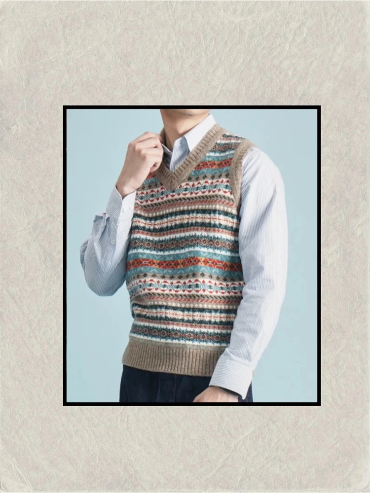 Thick Knitted V-Neck Vest Fair Isle Shetland Floral Pattern American Retro Style Multicolor Knitwear for Young Men Autumn Wear
