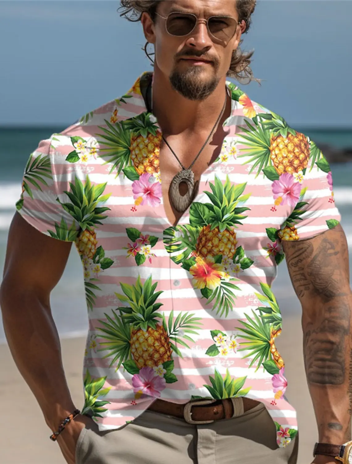 2024 Flamingos Casual Men\'s Shirt Outdoor Street Casual Daily Summer Turndown Short Sleeve Pink Blue Green Hawaiian Style Shirt