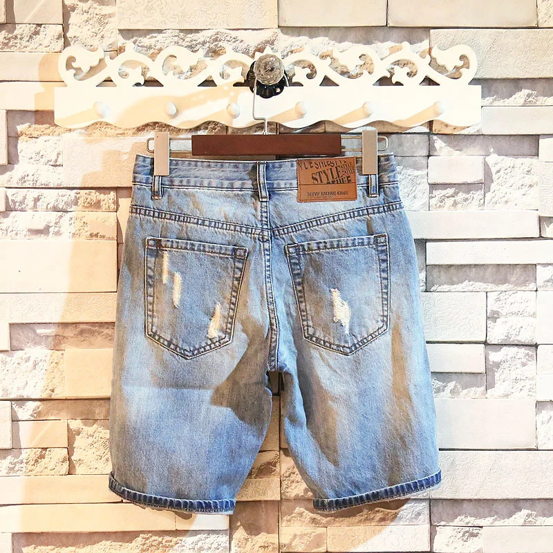 Summer Men's Denim Shorts Slim Korean Fashion Beggar Frayed Hole 5-point Jeans Shorts