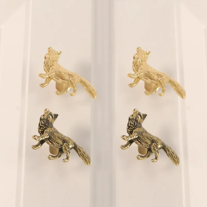 2Pcs European American Fox Brass Handle, Light Luxury Creative Cabinet Drawer Pull for Kids Bedroom Living Room