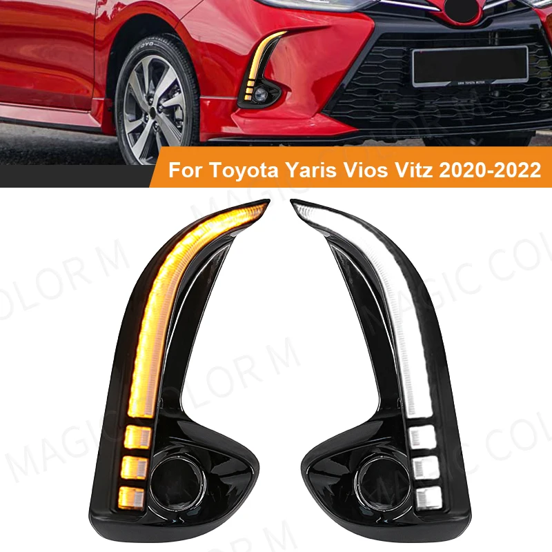 Car LED Daytime Running Light Yellow White Turn Signal Lamp DRL Front Bumper Fog Lamps For Toyota Yaris Vios 2020 2021 2022