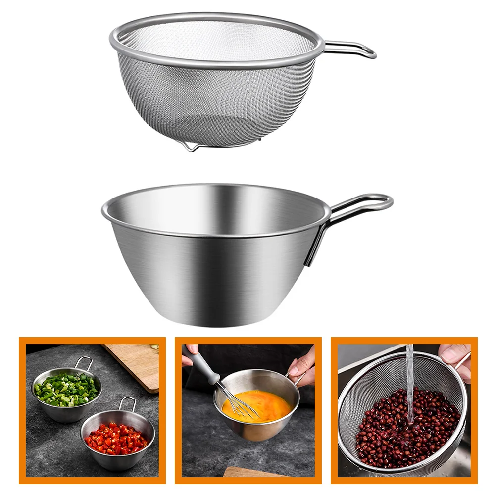 

Stainless Steel Egg Beater with Handle Baking Whipped Cream Salad Basin Mixing Bowl Strainers Fine Mesh Basket Rice