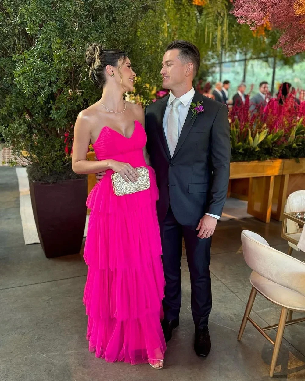 XIXI Customized Evening Dresses Exquisite Fuchsia Woman Prom Dresses Tiered Tulle Engagement Evening Dresses Guest Wedding Party