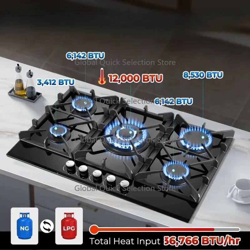 G-as Cooktop 30 Inch, 5 Burners G-as Stove, Built-in NG/LPG Convertible G-as Stove Top, Black Tempered Glass Propane Cooktop