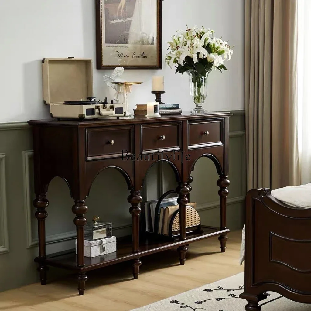 

09 Solid Wood Porch Table Wall-Mounted Console Living Room Retro Cabinet Multi-Functional Storage Cabinet