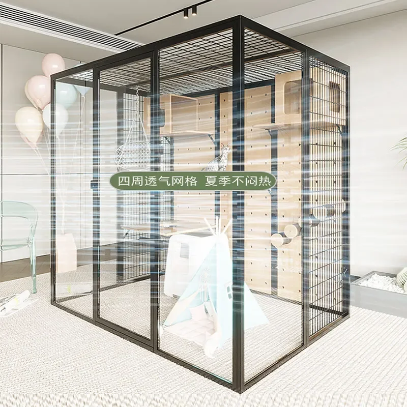 Panoramic cat villa oversized household cat cage, solid wood indoor luxury glass cat room