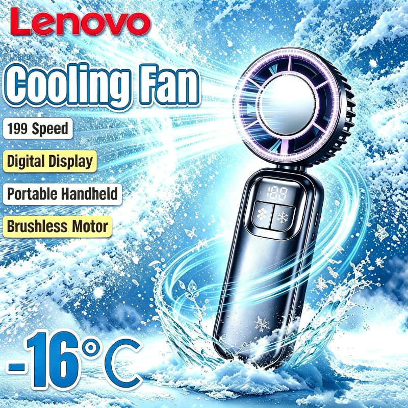 Lenovo Handheld Fan Cooling Ice Cooler Rechargeable USB Brushless Motor 199 High Speed Turbo Jet Fan for Outdoor Travel Office