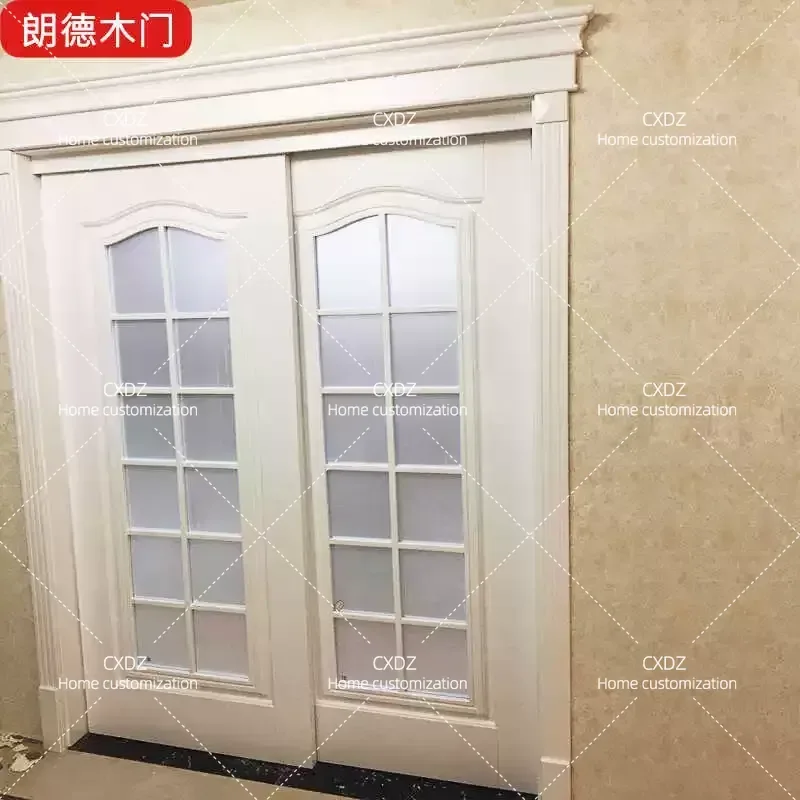 Push Pull Solid Wood White Double Sliding Glass Door with Silent Track for Kitchen Balcony Study Partition