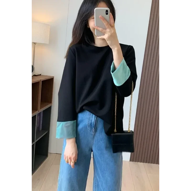 ブラック ルーズ ブラウス レディース コントラストカラー カフス 長袖 Oネック カジュアル トップス ファッション デイリー プルオーバー