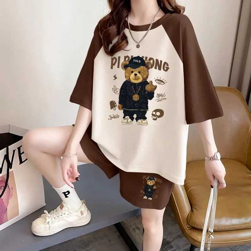 

Women 2025 Summer New Large Size Fashion Trend Printed Shoulder Short Sleeve T-Shirt and Shorts Set Loose Versatile Home Pajamas