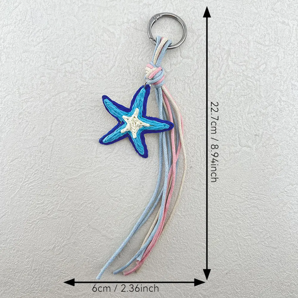 Macaron Color-Blocked Cotton Rope Woven Starfish Keychain, Pink, Purple, Light Blue Multi-Color Tassel Rope, Handmade Woven Five-Pointed Star, Silver Ring, Girly Backpack Car Key Fresh Long-Style Accessory