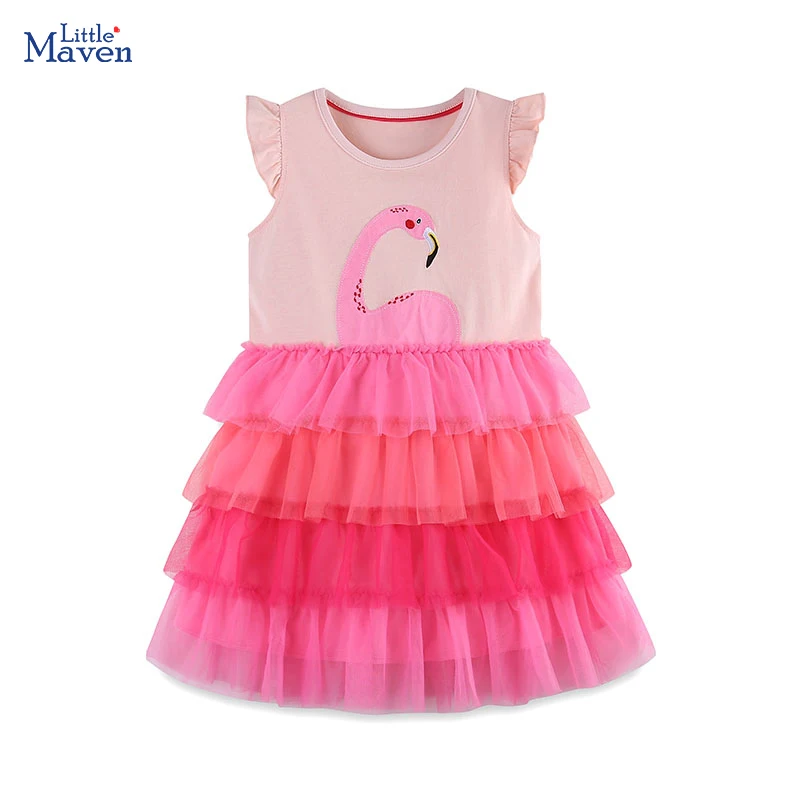 Little maven Kids Clothes Summer Children \'s Clothing Baby Girls Cotton Embroidery Cartoon Flamingo Mesh Dresses Vestidos 2024