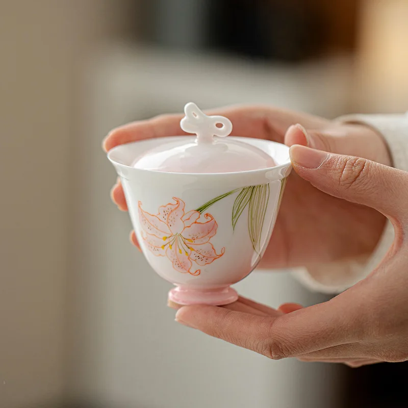 Jade Clay Pink Lily Hand-painted Ceramic Household Thin-walled Bowl Kung Fu Tea Set Imitation Hot Gaiwan