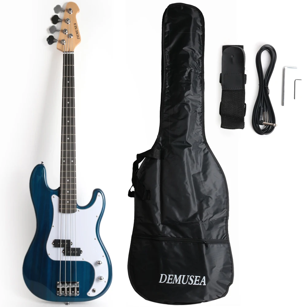 transparent blue color electric 4 string p bass guitar with bag phoenix body maple neck