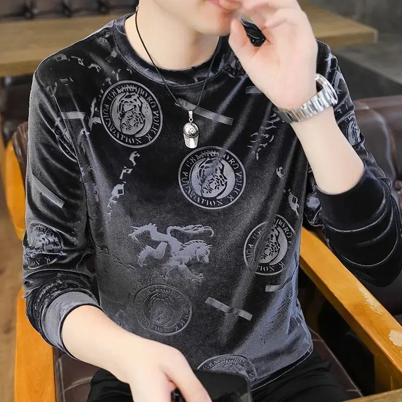 2023 Spring and Autumn Men\'s Fashion Golden Velvet Korean Edition Warm Round Neck Long Sleeve Casual Comfortable Versatile Top